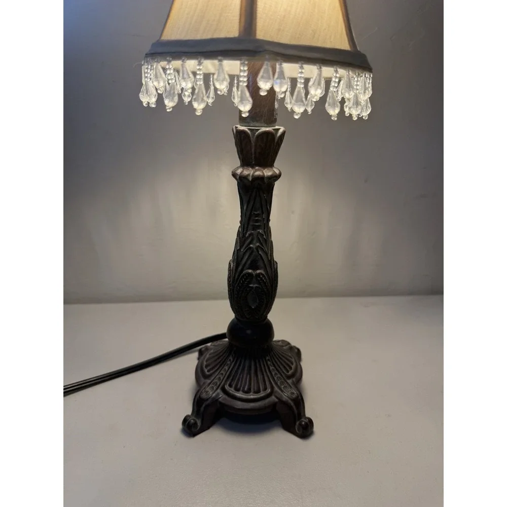 Vintage Accent Table Lamp With Beaded Fringe Bell Shade Resin Base Ornate